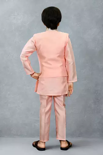 Boys cotton silk geometric patchwork embroidered kurta set- blush peach