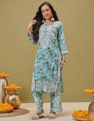 Hand embroidered floral printed blue cotton lucknowi chikankari co-ord set 1