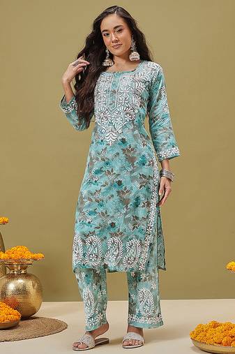 Hand embroidered floral printed blue cotton lucknowi chikankari co-ord set