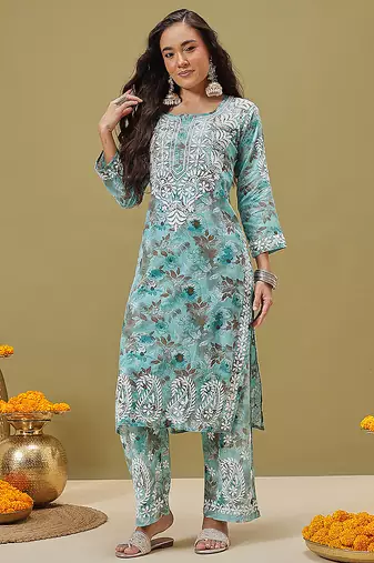 Hand embroidered floral printed blue cotton lucknowi chikankari co-ord set