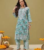 Hand embroidered floral printed blue cotton lucknowi chikankari co-ord set