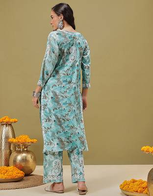 Hand embroidered floral printed blue cotton lucknowi chikankari co-ord set 2