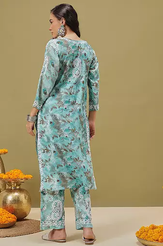 Hand embroidered floral printed blue cotton lucknowi chikankari co-ord set
