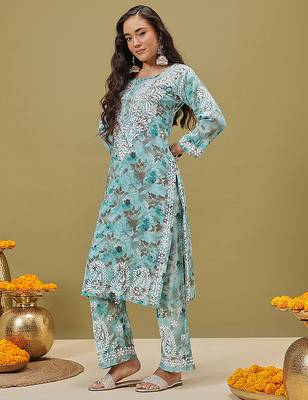 Hand embroidered floral printed blue cotton lucknowi chikankari co-ord set 3