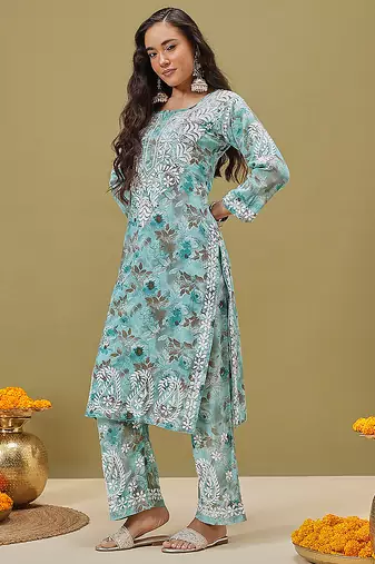 Hand embroidered floral printed blue cotton lucknowi chikankari co-ord set