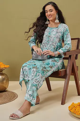 Hand embroidered floral printed blue cotton lucknowi chikankari co-ord set