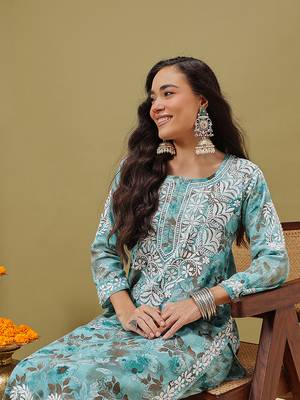 Hand embroidered floral printed blue cotton lucknowi chikankari co-ord set 5