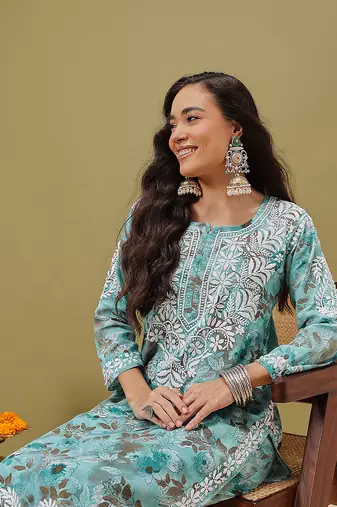 Hand embroidered floral printed blue cotton lucknowi chikankari co-ord set