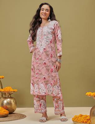 Hand embroidered floral printed peach cotton lucknowi chikankari co-ord set 1