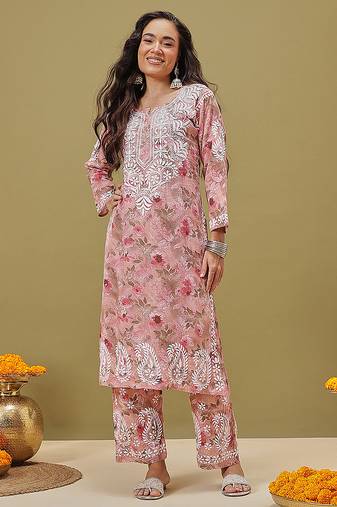 Hand embroidered floral printed peach cotton lucknowi chikankari co-ord set