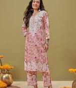 Hand embroidered floral printed peach cotton lucknowi chikankari co-ord set