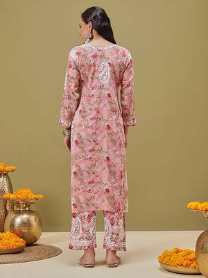 Hand embroidered floral printed peach cotton lucknowi chikankari co-ord set 2