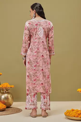 Hand embroidered floral printed peach cotton lucknowi chikankari co-ord set