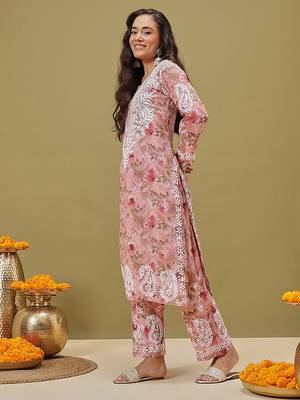 Hand embroidered floral printed peach cotton lucknowi chikankari co-ord set 3