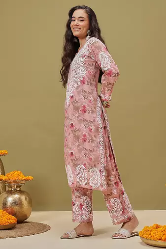 Hand embroidered floral printed peach cotton lucknowi chikankari co-ord set