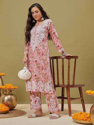 Hand embroidered floral printed peach cotton lucknowi chikankari co-ord set 4