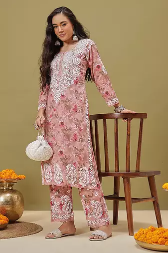 Hand embroidered floral printed peach cotton lucknowi chikankari co-ord set
