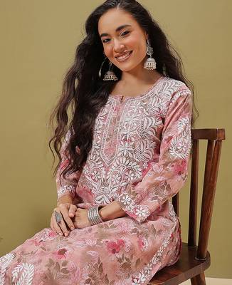 Hand embroidered floral printed peach cotton lucknowi chikankari co-ord set 5