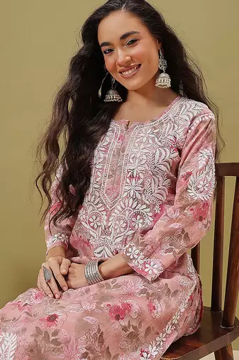 Hand embroidered floral printed peach cotton lucknowi chikankari co-ord set