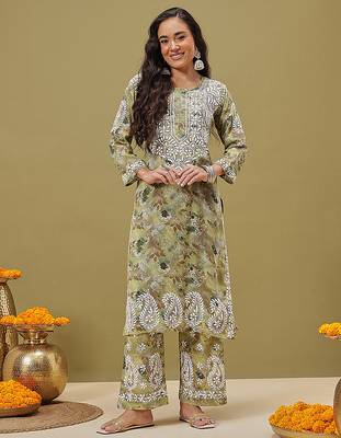 Hand embroidered floral printed green cotton lucknowi chikankari co-ord set 1