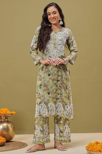 Hand embroidered floral printed green cotton lucknowi chikankari co-ord set