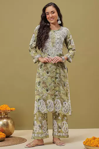 Hand embroidered floral printed green cotton lucknowi chikankari co-ord set