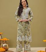 Hand embroidered floral printed green cotton lucknowi chikankari co-ord set