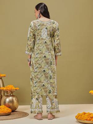 Hand embroidered floral printed green cotton lucknowi chikankari co-ord set 2