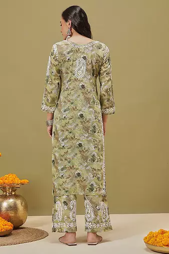 Hand embroidered floral printed green cotton lucknowi chikankari co-ord set