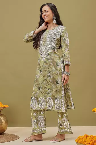 Hand embroidered floral printed green cotton lucknowi chikankari co-ord set