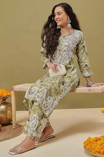 Hand embroidered floral printed green cotton lucknowi chikankari co-ord set