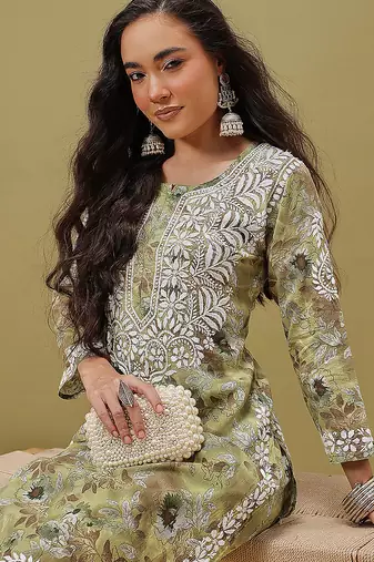 Hand embroidered floral printed green cotton lucknowi chikankari co-ord set