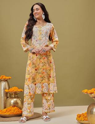 Hand embroidered floral printed yellow cotton lucknowi chikankari co-ord set 1