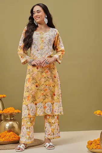 Hand embroidered floral printed yellow cotton lucknowi chikankari co-ord set