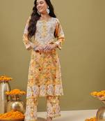 Hand embroidered floral printed yellow cotton lucknowi chikankari co-ord set