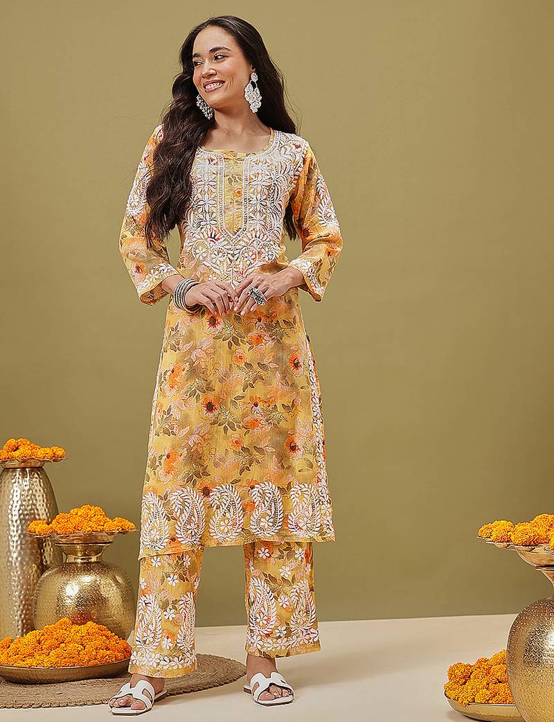 Hand embroidered floral printed yellow cotton lucknowi chikankari co-ord set