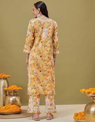 Hand embroidered floral printed yellow cotton lucknowi chikankari co-ord set 2
