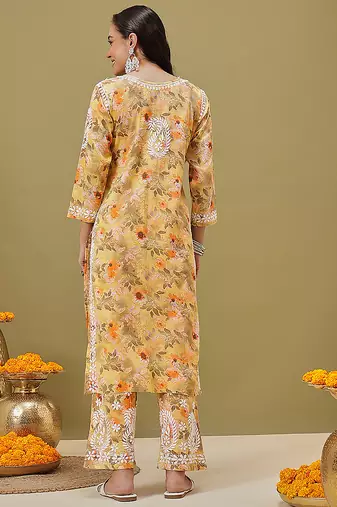 Hand embroidered floral printed yellow cotton lucknowi chikankari co-ord set