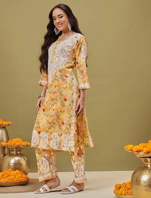 Hand embroidered floral printed yellow cotton lucknowi chikankari co-ord set 3