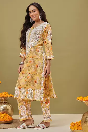 Hand embroidered floral printed yellow cotton lucknowi chikankari co-ord set
