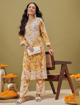 Hand embroidered floral printed yellow cotton lucknowi chikankari co-ord set 4