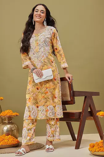 Hand embroidered floral printed yellow cotton lucknowi chikankari co-ord set
