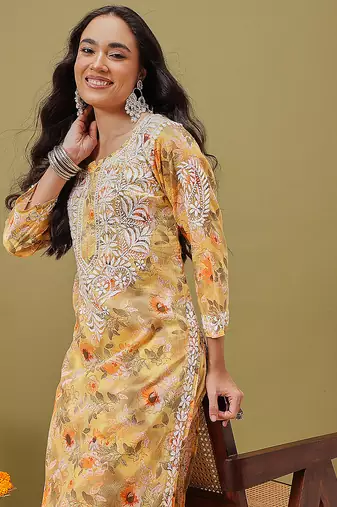 Hand embroidered floral printed yellow cotton lucknowi chikankari co-ord set