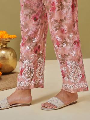 Hand embroidered floral printed peach cotton lucknowi chikankari co-ord set 7