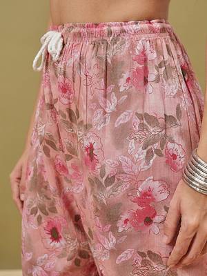 Hand embroidered floral printed peach cotton lucknowi chikankari co-ord set 8