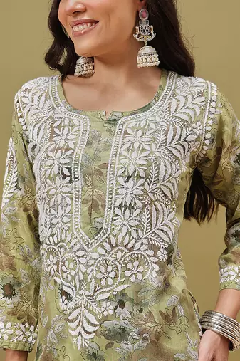 Hand embroidered floral printed green cotton lucknowi chikankari co-ord set