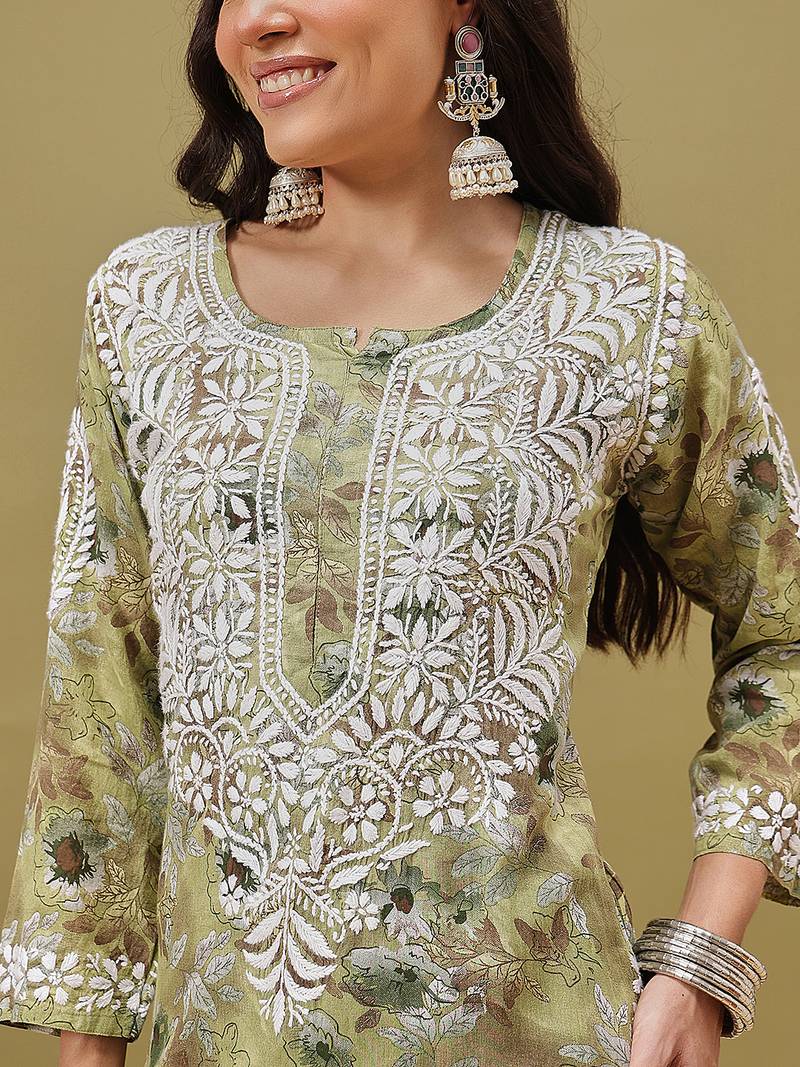 Hand embroidered floral printed green cotton lucknowi chikankari co-ord set