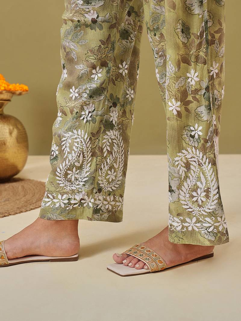 Hand embroidered floral printed green cotton lucknowi chikankari co-ord set