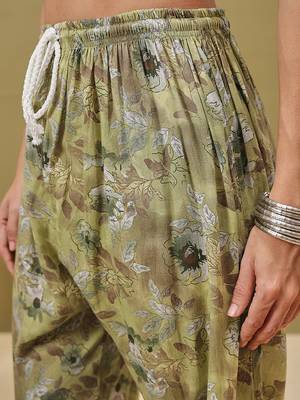 Hand embroidered floral printed green cotton lucknowi chikankari co-ord set 8