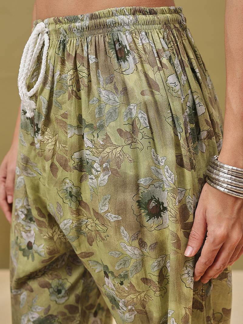 Hand embroidered floral printed green cotton lucknowi chikankari co-ord set